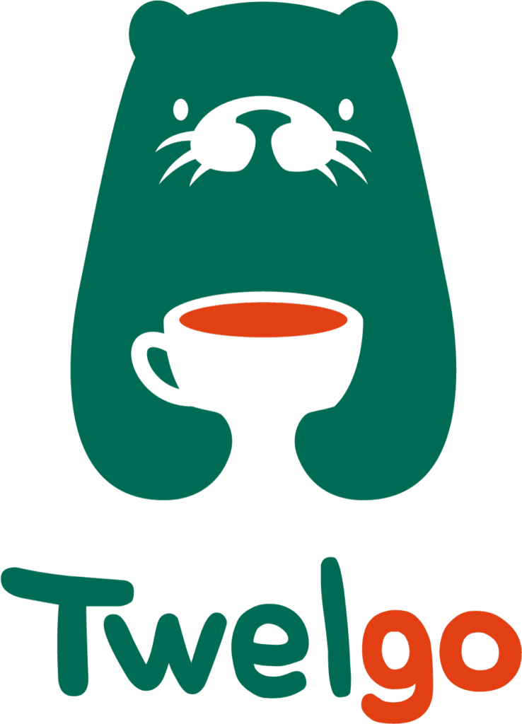귀여운 수달, 트웰고가 커피잔을 들고 있고 그 아래 Twelgo 로고