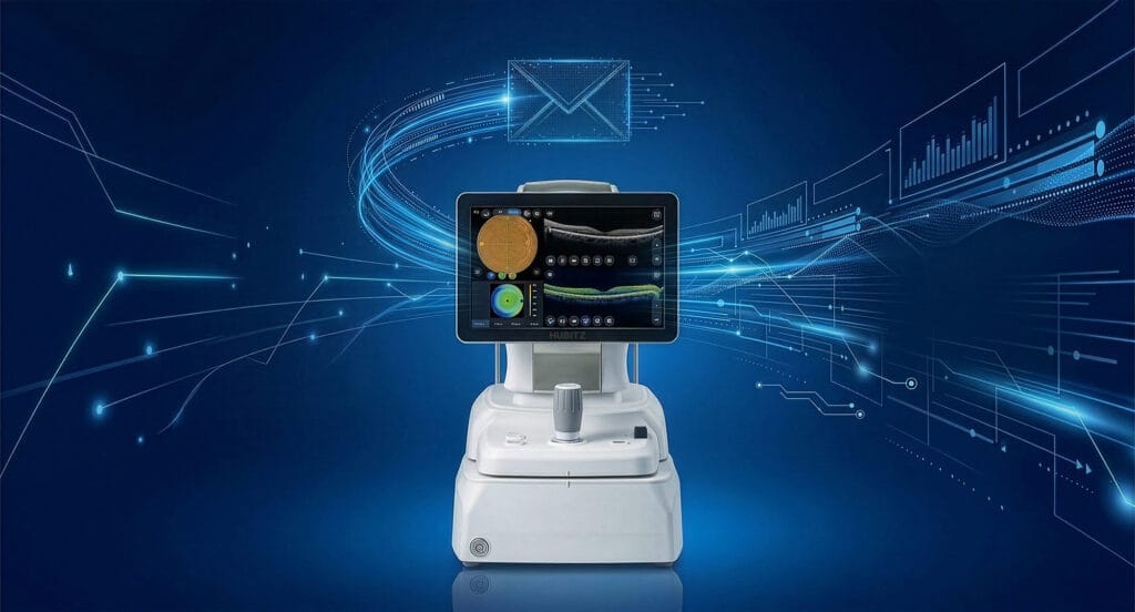 휴비츠 안광학 의료기기와 이메일 마케팅 데이터 시각화를 통해 글로벌 SEO 및 GEO 전략 성과를 표현한 이미지