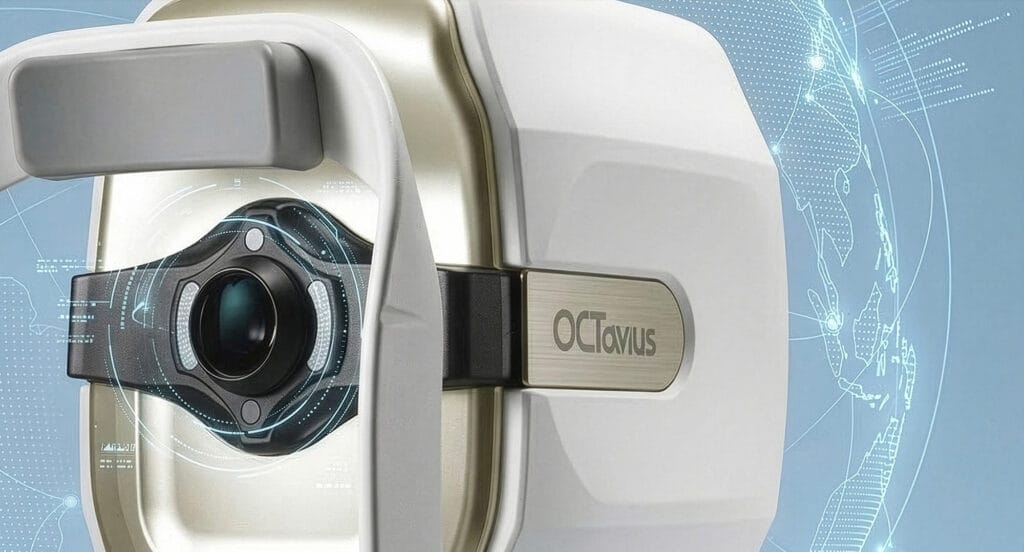 휴비츠 OCTavius 안광학 의료기기 장비와 디지털 데이터 분석 화면을 통해 글로벌 의료기기 마케팅과 SEO 전략을 표현한 이미지